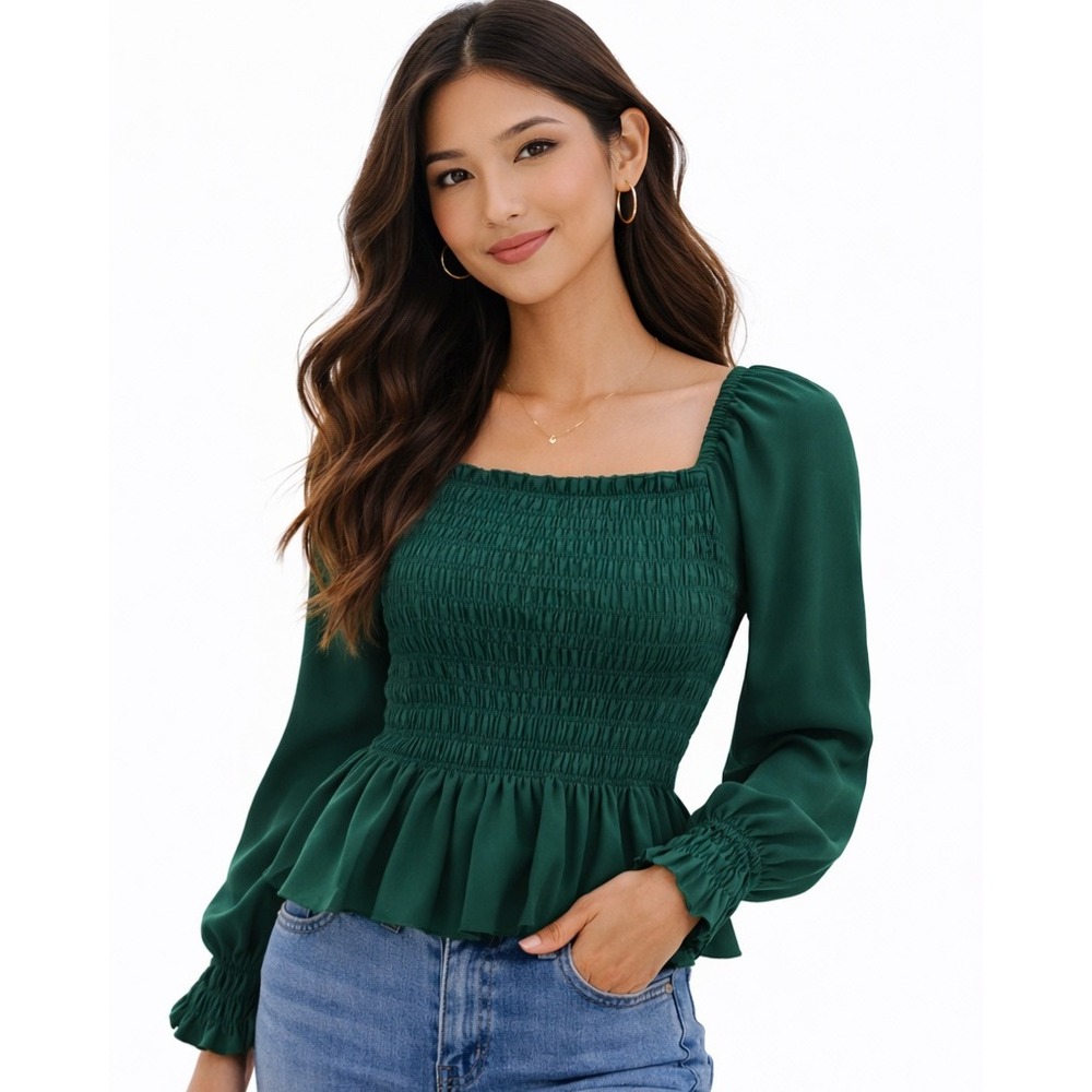Forest Green Smocked Peplum Blouse Size L‎